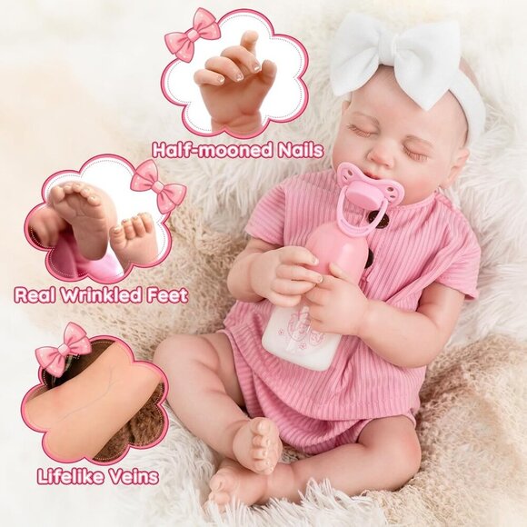 18 Inch Reborn Baby Doll Girl Realistic Full Vinyl Body Sleeping Newborn Toy - Picture 5 of 8